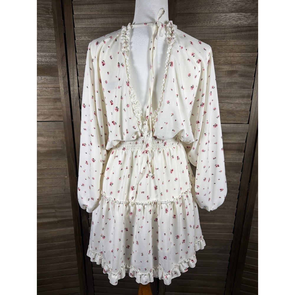 Blush Mark Cream Pink Floral Ruffle V-Neck Smocked Mini Dress 1005943 Small - Picture 5 of 10